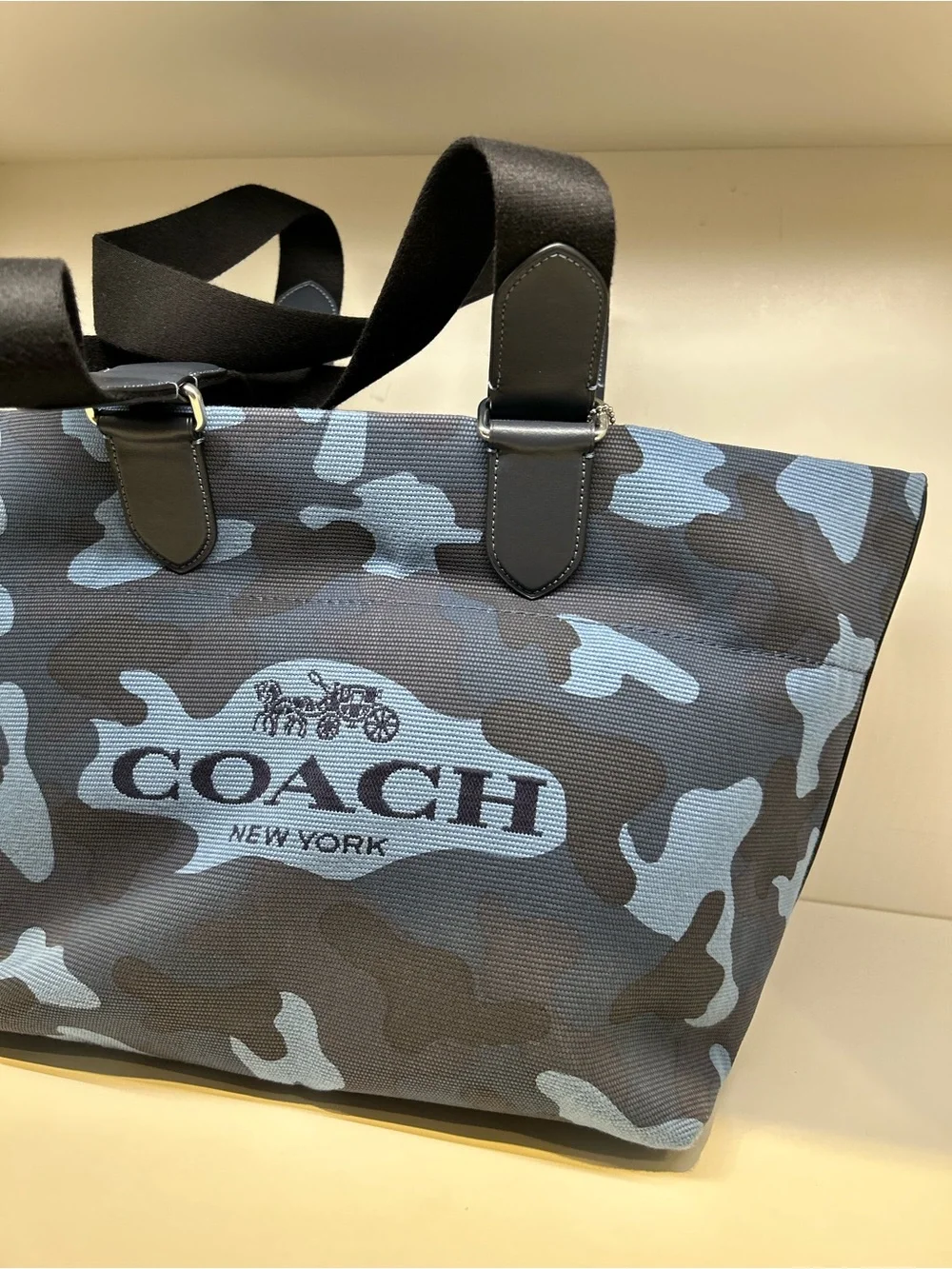 Coach Blue Camo Canvas tour Tote with Black Leather Handles